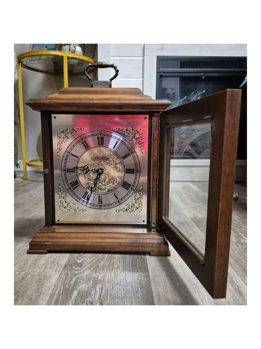 Seth Thomas Brown Wood Mantel Clock with Silver Face